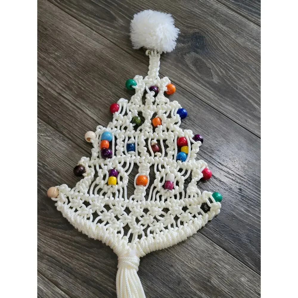 Handmade Macrame Santa‎ & Christmas Tree Wall Hangings Wood Beads Lot of TWO